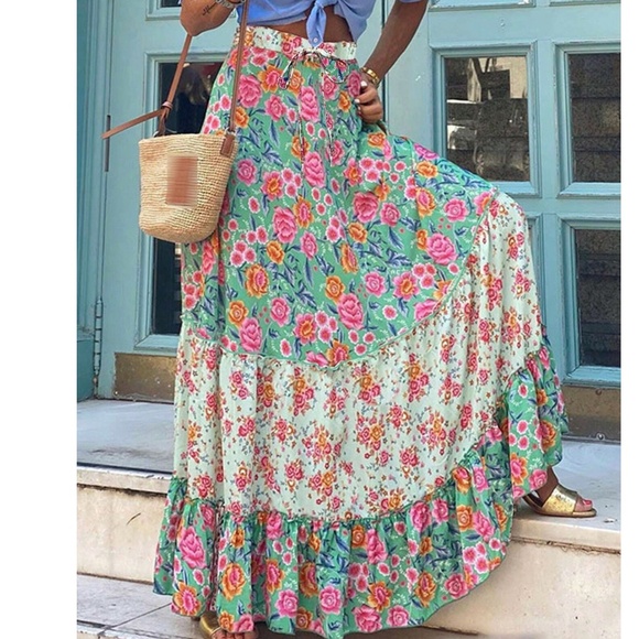 BellanBlue Dresses & Skirts - Boho Mint Floral Print Ruffle Hem Maxi Skirt